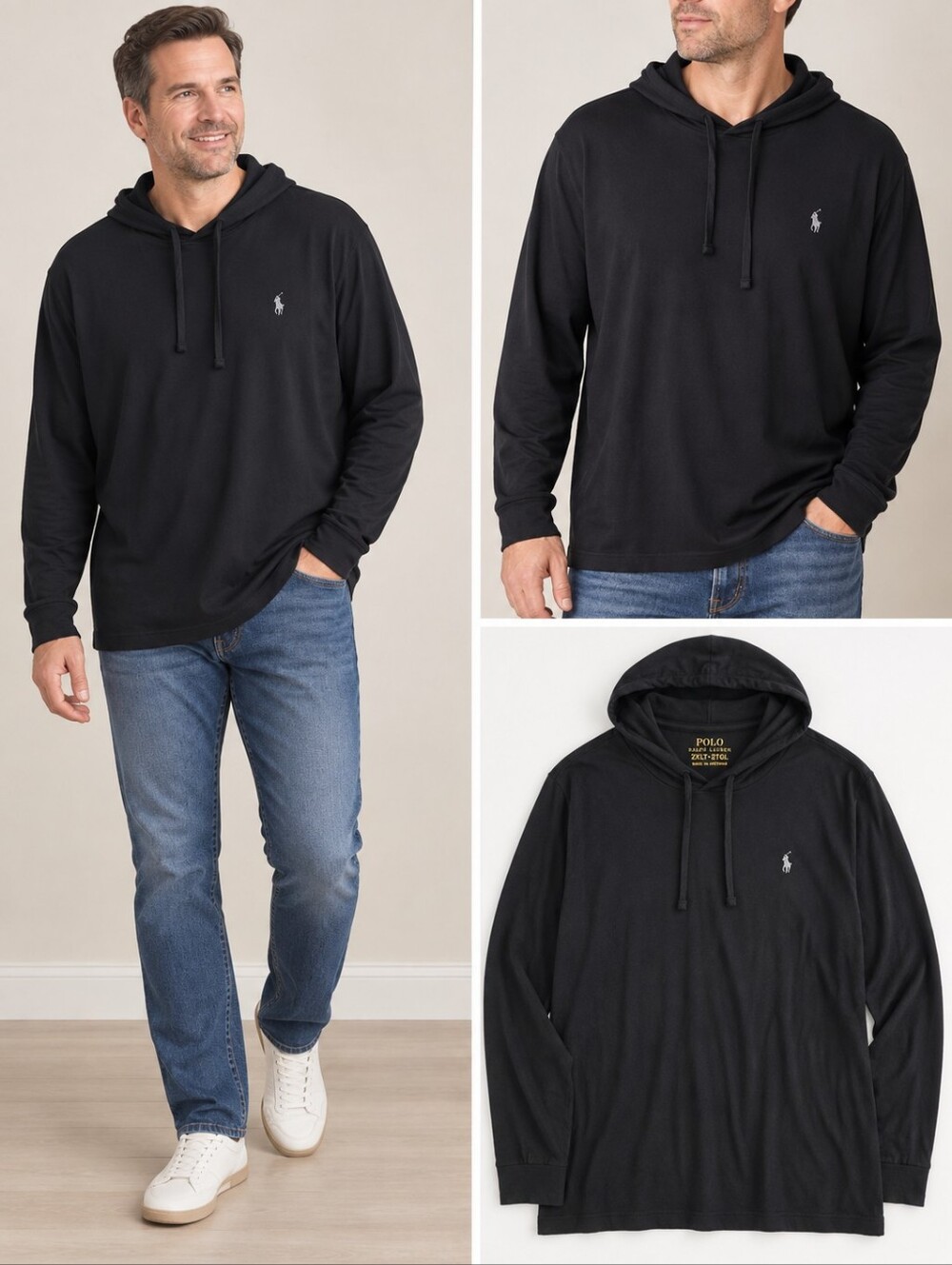 Polo Ralph Lauren Men’s Jersey Hooded Long Sleeve T-Shirt 2XLT Black Pony